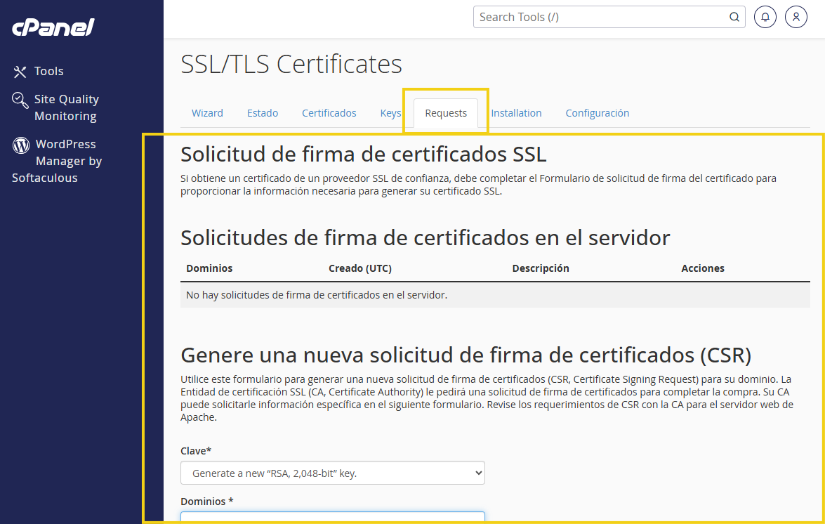 Pantalla de gestión de certificados "SSL/TLS" con el formulario de "Solicitud de firma de certificado (CSR)", que incluye campos como clave y dominios para generar la solicitud en el servidor.