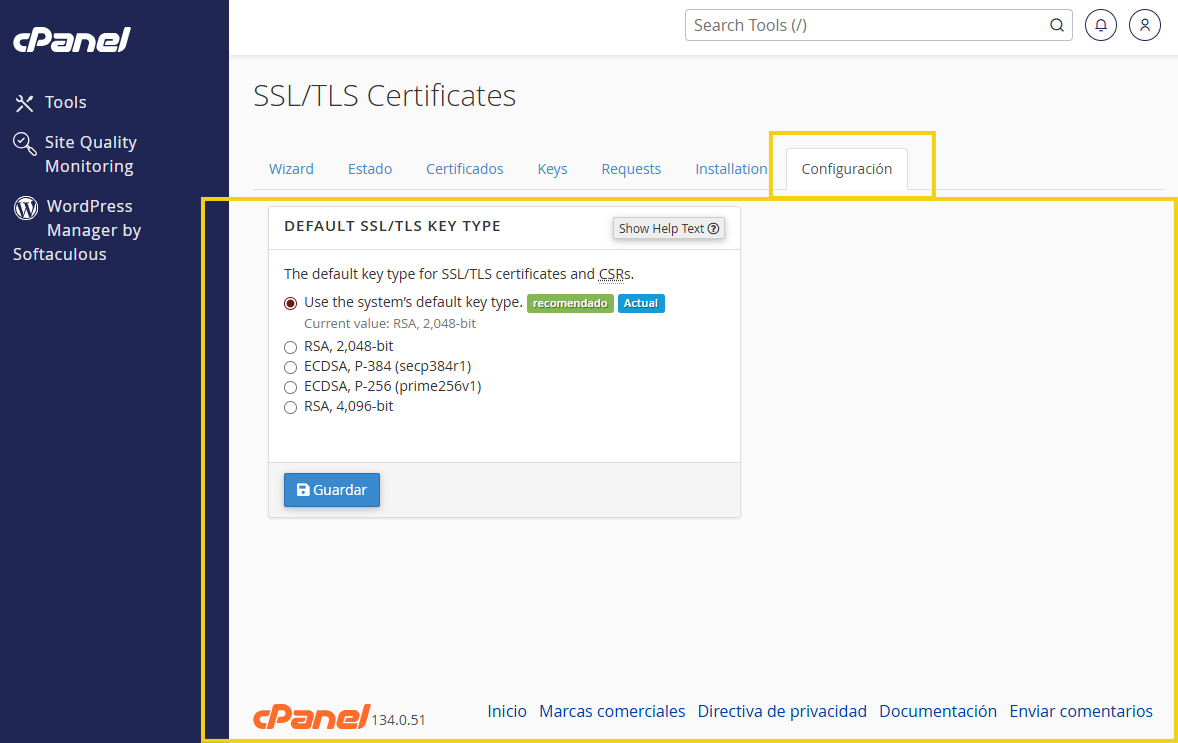 Pantalla del panel cPanel que muestra la configuración de "Default SSL/TLS Key Type" para certificados SSL/TLS, con la opción recomendada "RSA de 2048 bits" y las opciones "RSA" y "ECDSA"