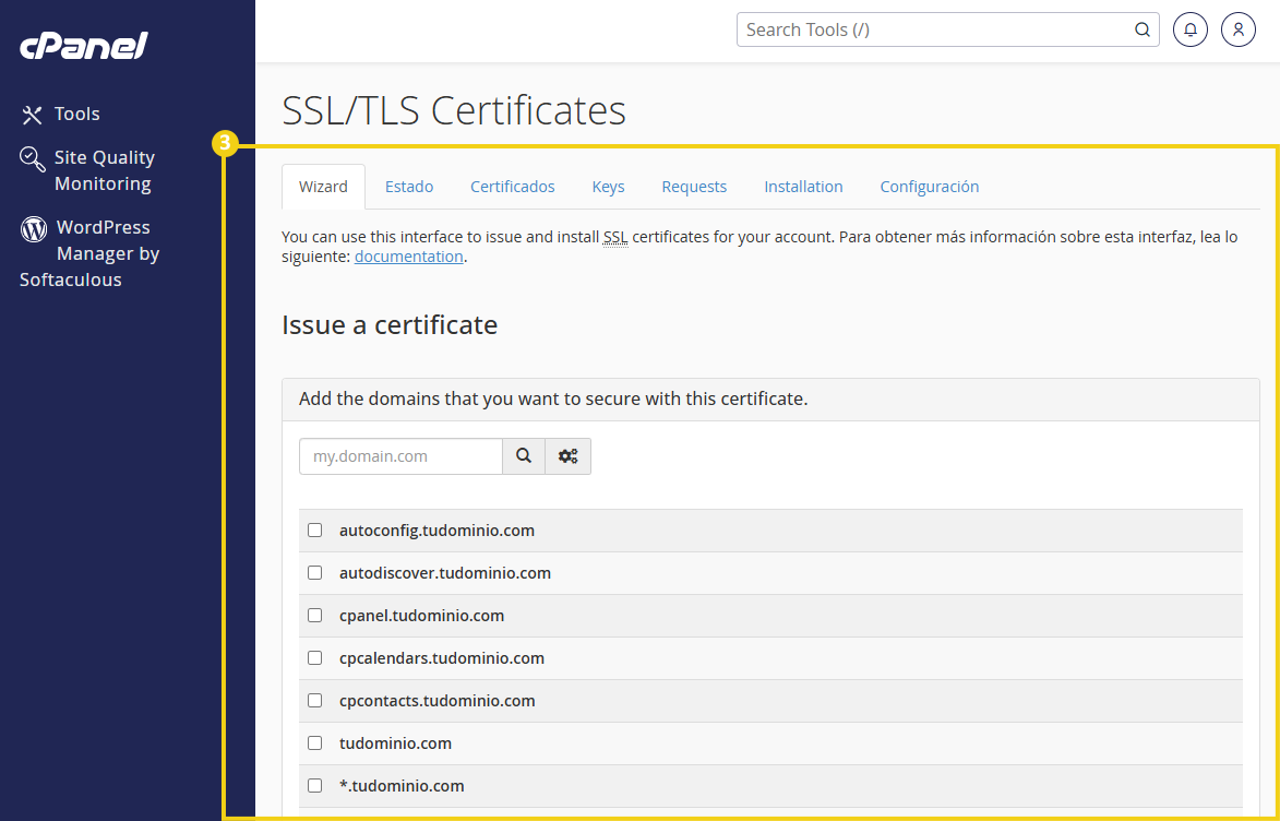 Pantalla del panel cPanel que muestra la sección "SSL/TLS Certificates", con la pestaña “Issue a certificate” para agregar dominios y emitir un certificado digital, con una lista de dominios y casillas de selección.