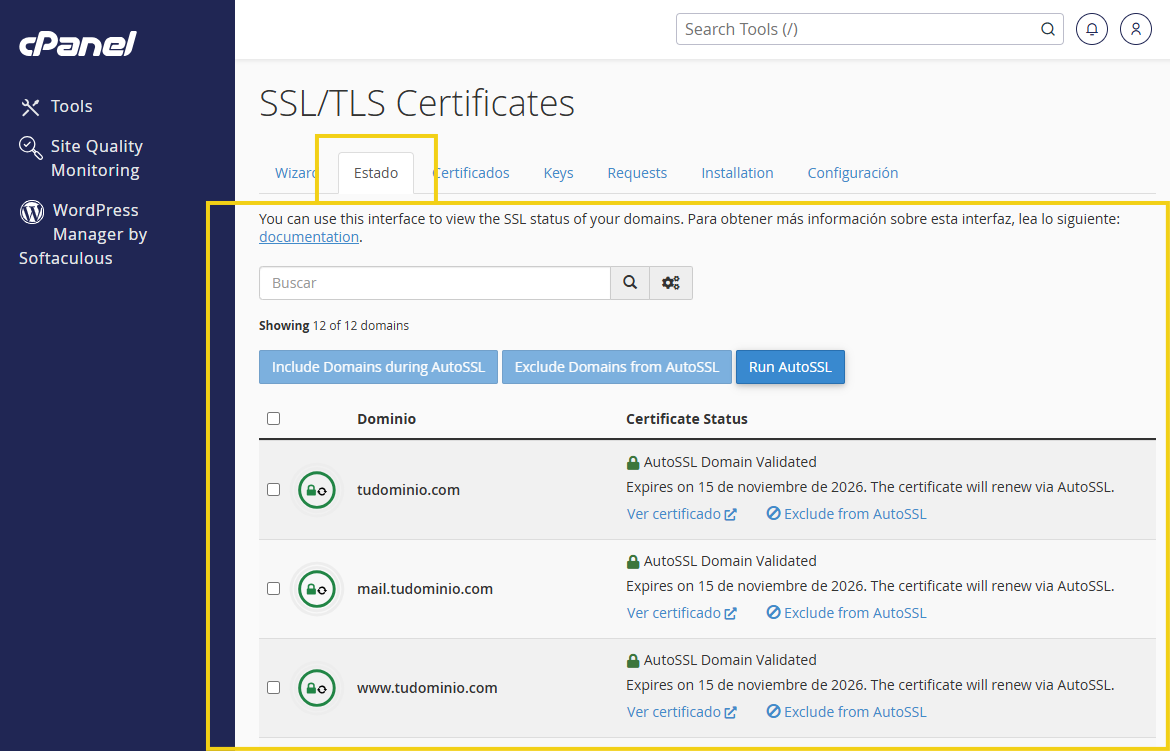 Pantalla de gestión de certificados "SSL/TLS Certificates" en el panel cPanel, con la lista de dominios y el estado de validación de "AutoSSL", además de instrucciones y botones para eliminar o renovar automáticamente los certificados.