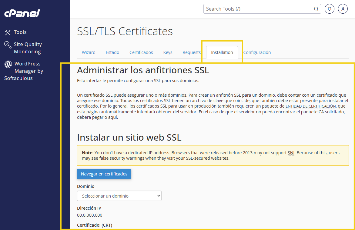 Pantalla de administración "SSL/TLS Certificates" en el panel cPanel, con la sección "Administrar los hosts SSL" e instrucciones para configurar certificados e instalar un sitio web con SSL para los dominios.
