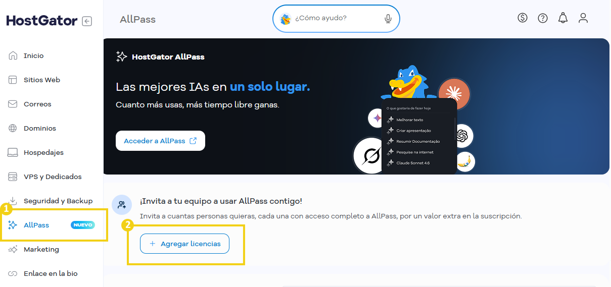 Portal del Cliente — pantalla AllPass con opción Agregar licencias en destaque