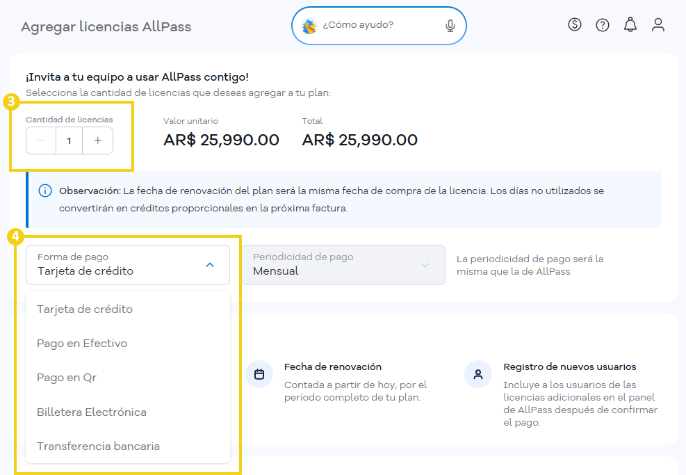 Portal del Cliente — pantalla Agregar licencias con campos de cantidad y forma de pago en destaque