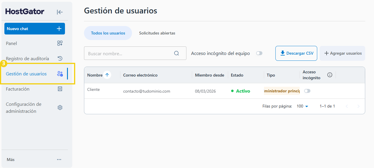 Menú lateral — opción Gestión de Usuarios en destaque