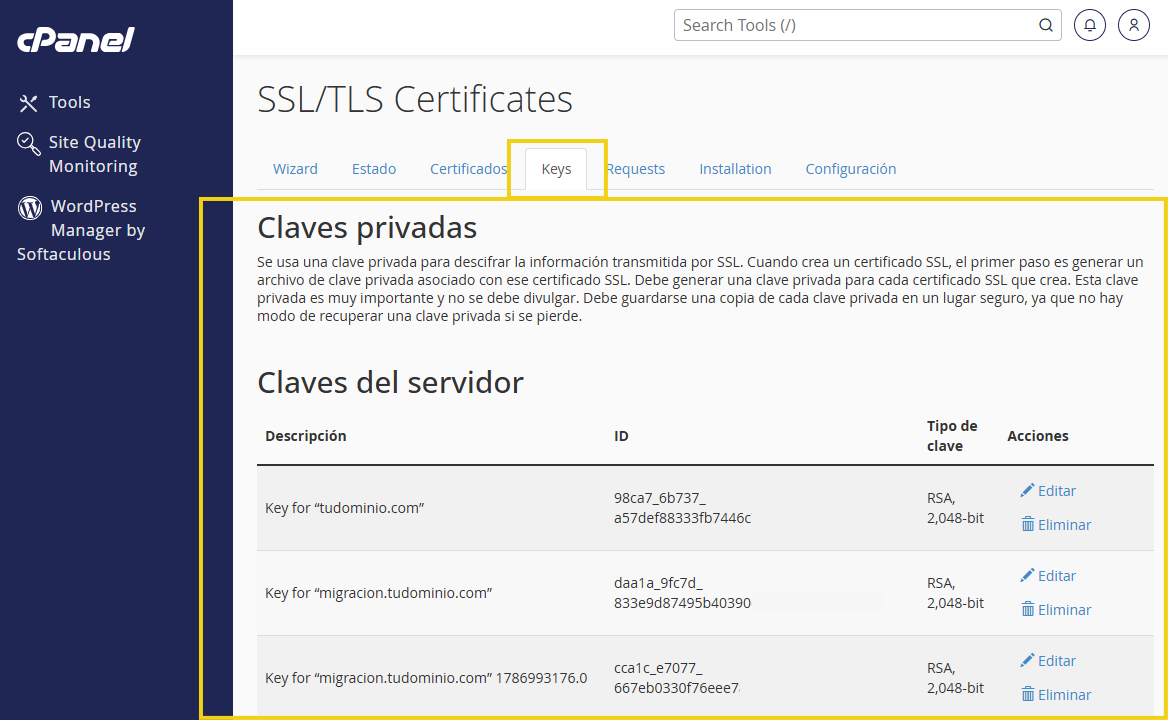 Pantalla del panel de hosting con la sección **“SSL/TLS Certificates”**, que muestra pestañas y detalles de “Claves privadas” y una lista de “Claves del servidor”, con campos como ID, tipo de clave y acciones para editar o eliminar.