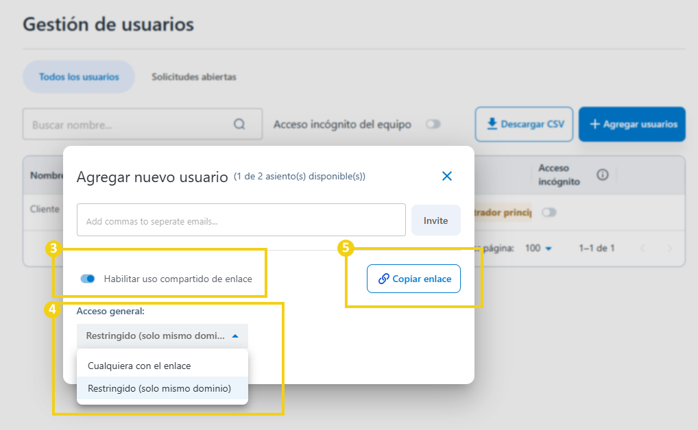 AllPass — botones para generar el enlace, permitir el acceso y copiarlo en destaque