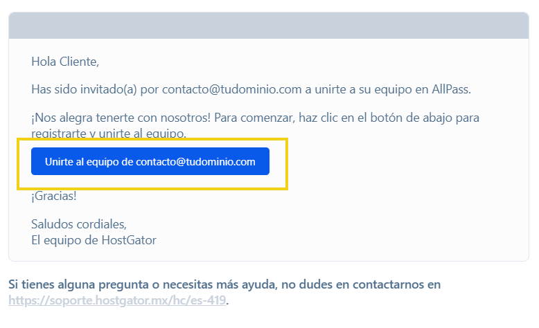 AllPass — mensaje enviado al correo electrónico indicado para aceptar la invitación