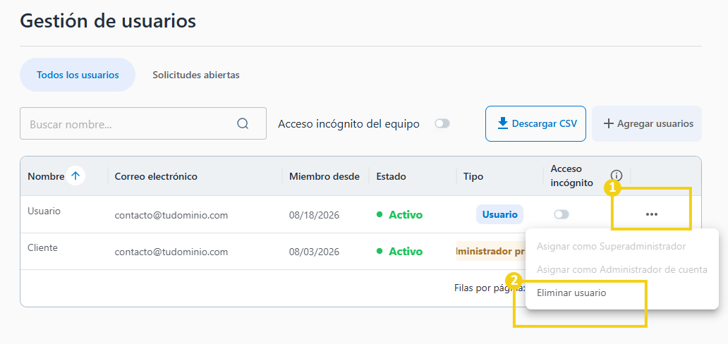 AllPass — ícono de tres puntos y opción para eliminar al usuario en destaque