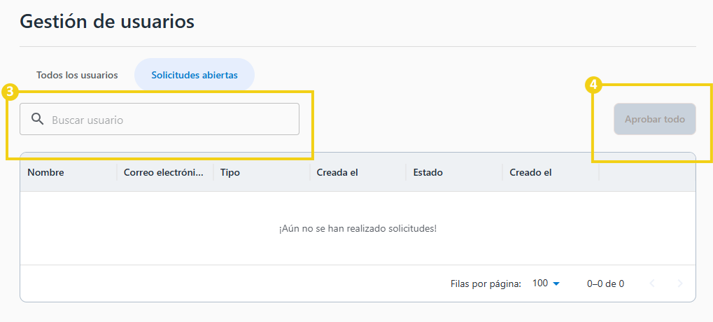 AllPass — flujo para acceder a las solicitudes pendientes, buscar y aprobar todas