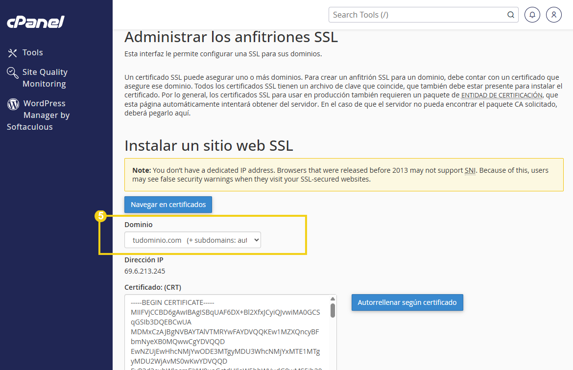 Pantalla del panel de cPanel con la página “Administrar los anfitriones SSL” y el formulario “Instalar un sitio web SSL”, que incluye campos de dominio, IP y certificado.