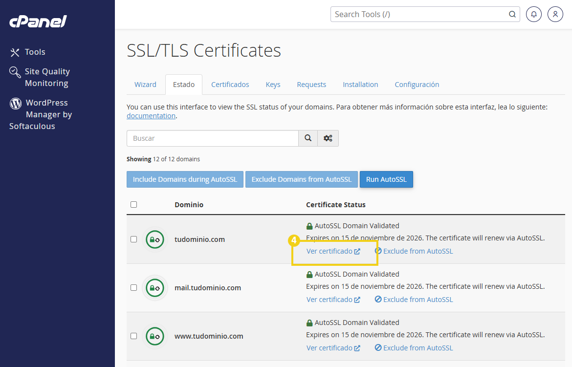 Pantalla del panel de cPanel con la sección SSL/TLS Certificates que muestra una lista de dominios, el estado de los certificados y opciones como Run AutoSSL, incluir o excluir dominios.
