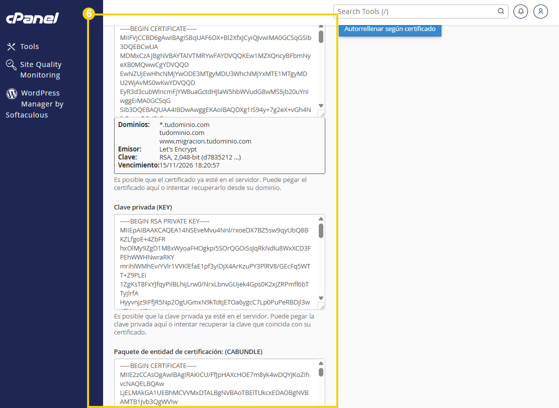 Pantalla del panel de cPanel que muestra la sección de certificados de seguridad SSL, con campos de verificación, clave privada y bundle en el servidor.
