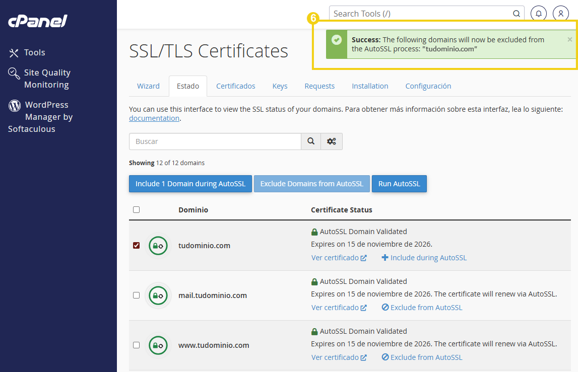 Pantalla de administración de cPanel que muestra la sección SSL/TLS Certificates, con el estado de los certificados AutoSSL para los dominios tudominio.com, mail.tudominio.com y www.tudominio.com.