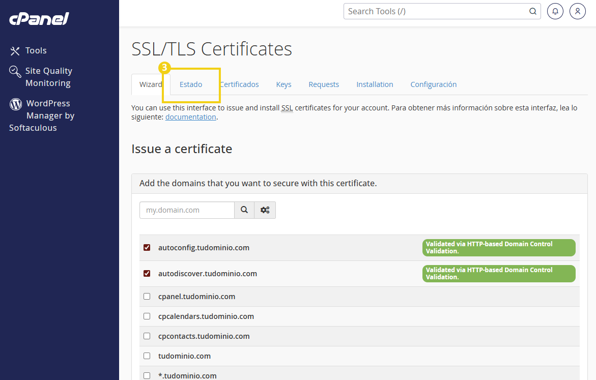 Pantalla del panel de administración que muestra la sección SSL/TLS Certificates, con etapas de configuración como Wizard, Issue a certificate y campos para agregar dominios y validar certificados.