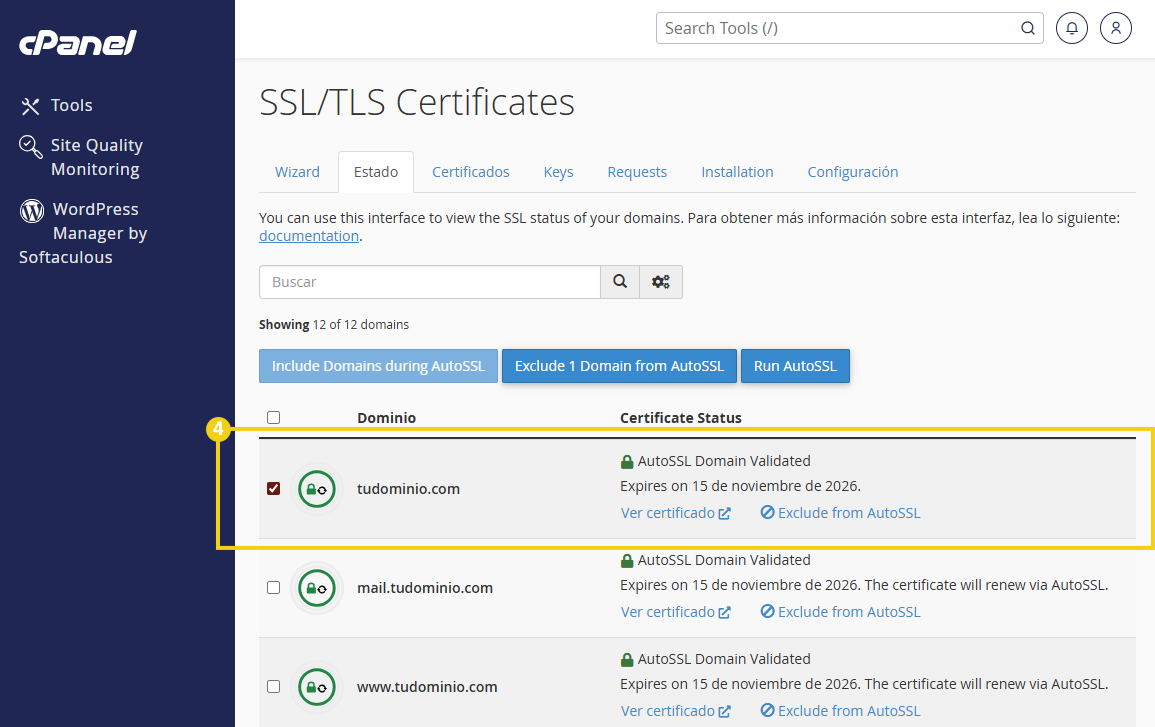 Pantalla de administración de cPanel con la sección “SSL/TLS Certificates”, que muestra el estado de los certificados de los dominios y opciones como AutoSSL, incluir y excluir dominios.