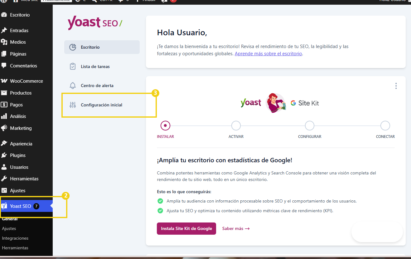 Yoast SEO — pantalla inicial con el botón Configuración por primera vez en destaque