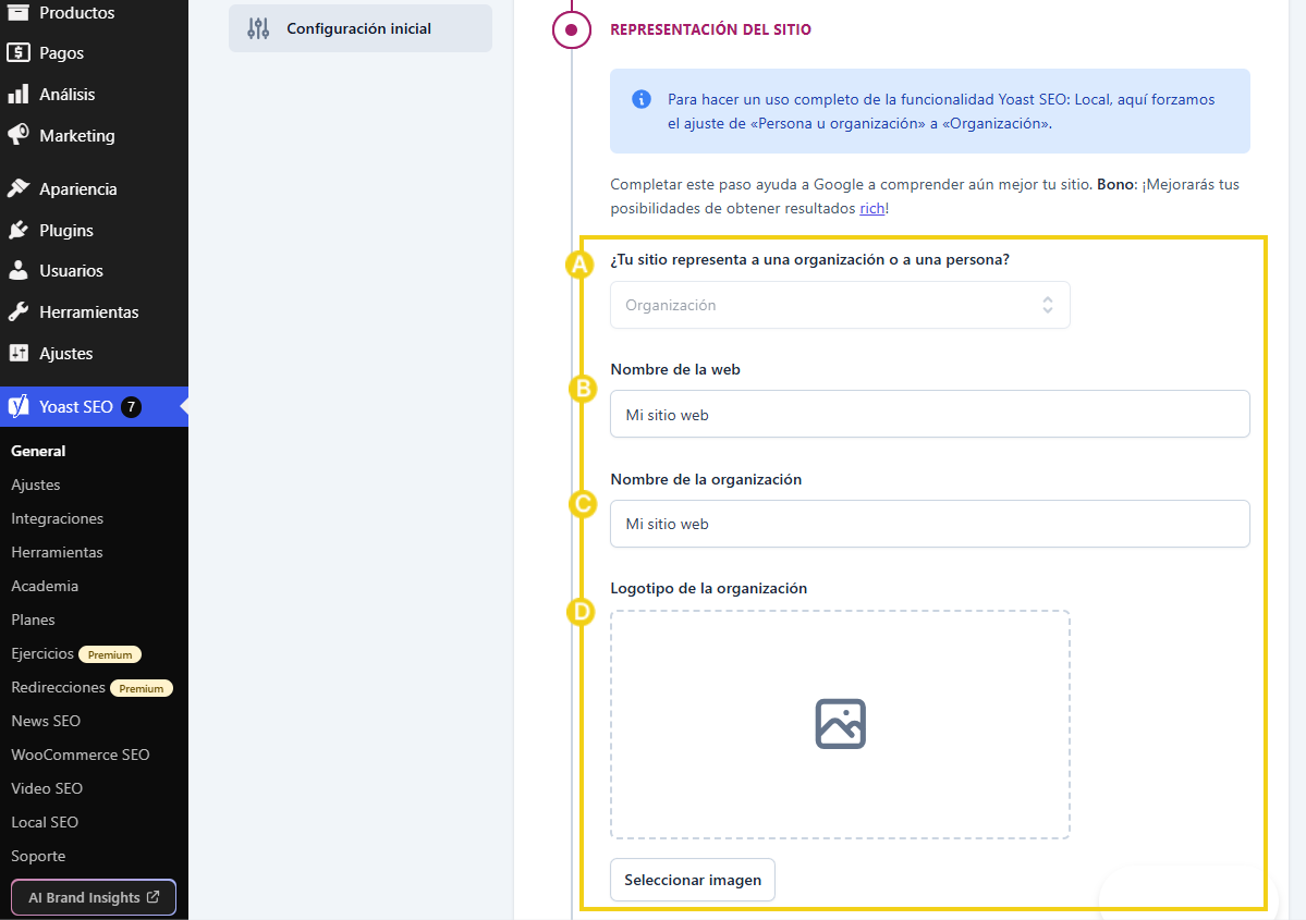 Yoast SEO — sección Representación del sitio con los campos de tipo, nombre, organización y logotipo