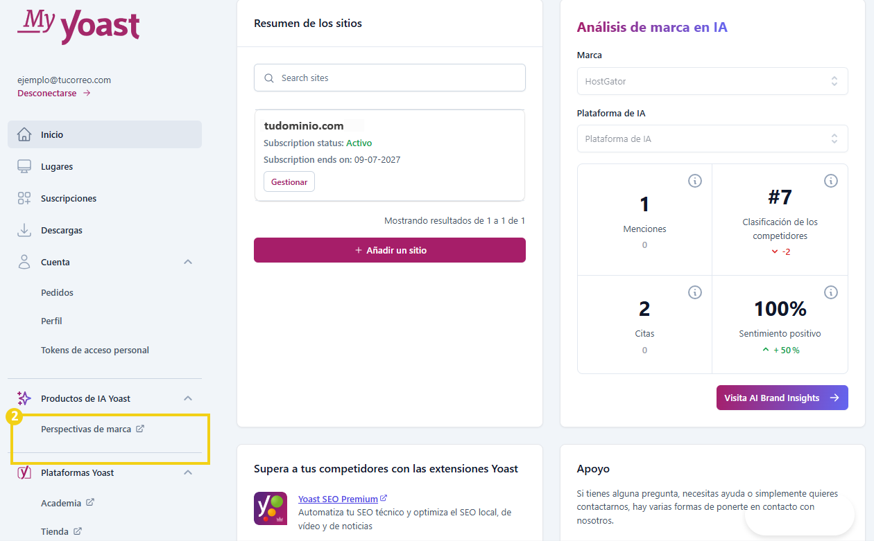 Panel de MyYoast — opción Insights de Marca (Brand Insights) en destaque