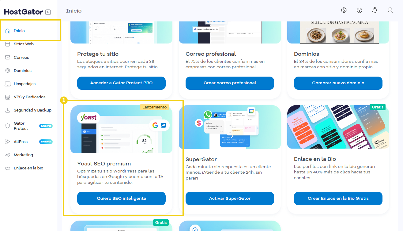 Portal del Cliente — pantalla Inicio con el bloque de Yoast destacado