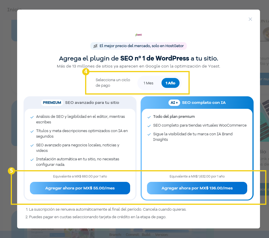 Portal del Cliente — pantalla de paquetes Yoast disponibles con el ciclo de pago