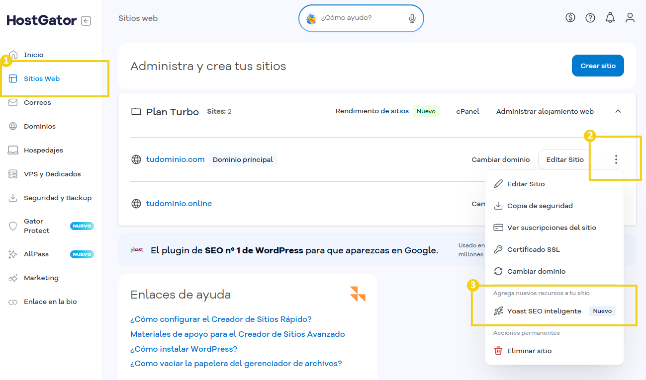 Portal del Cliente — pantalla Sitios con el flujo de acceso destacado