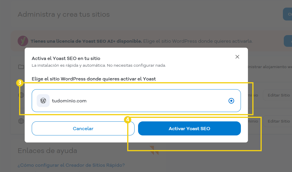 Portal del Cliente — listado de dominios para hacer la selección
