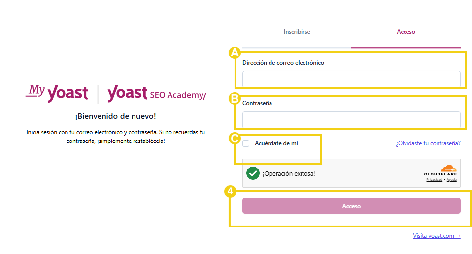 Yoast — pantalla de inicio de sesión con los campos señalados para completar