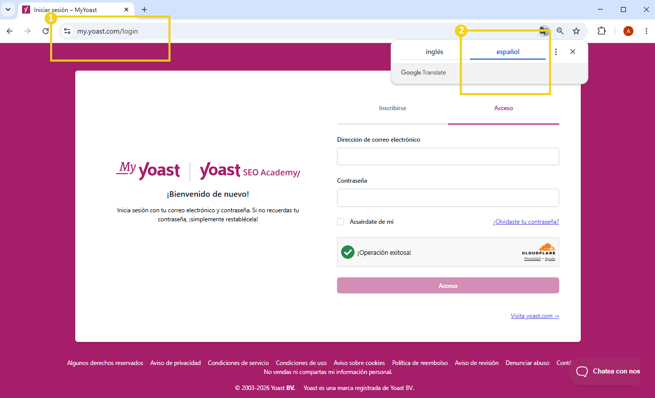 Yoast — pantalla de inicio de sesión con la opción de traducción a Portugués
