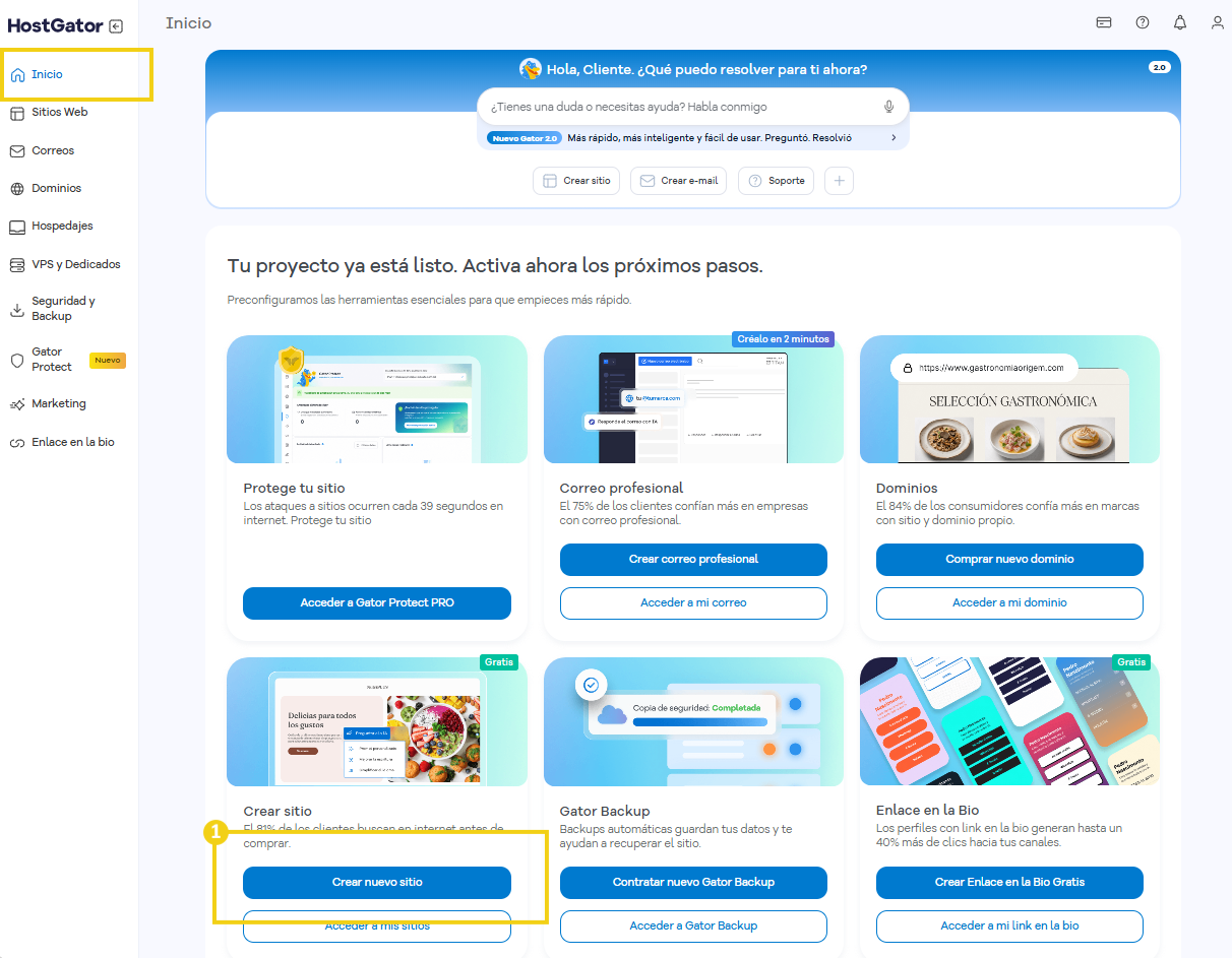Portal del Cliente — pantalla de inicio con el botón Crear sitio marcado