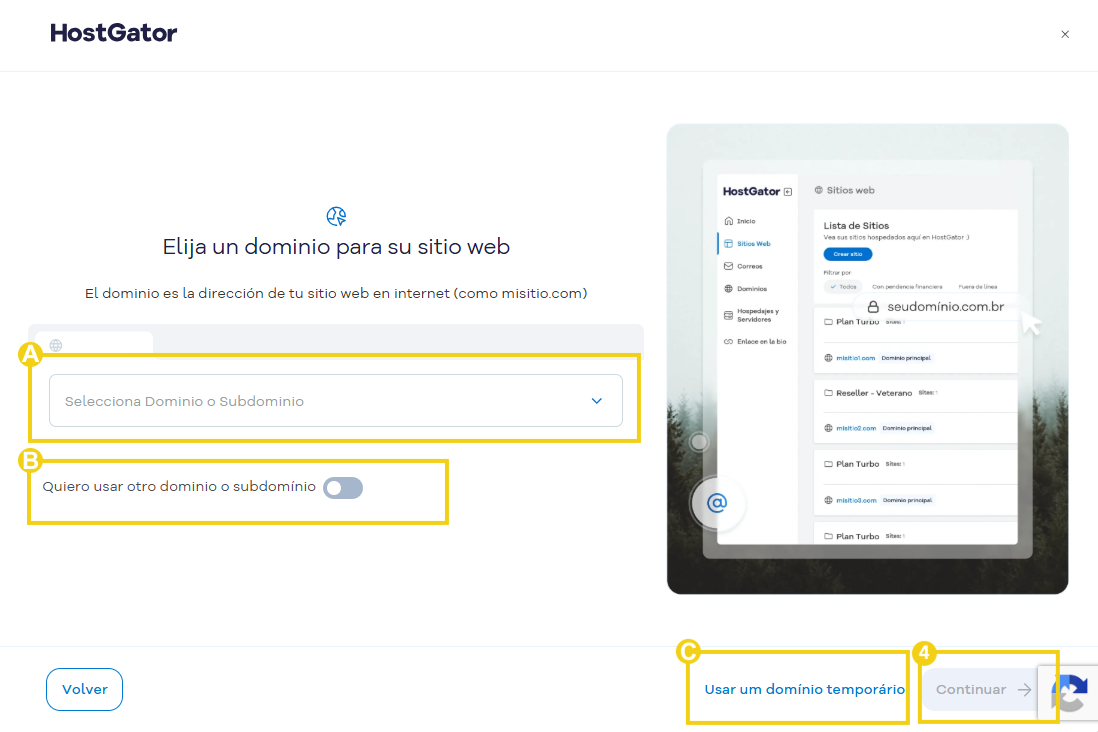 Portal del Cliente — pantalla de selección de dominio con el botón Continuar marcado