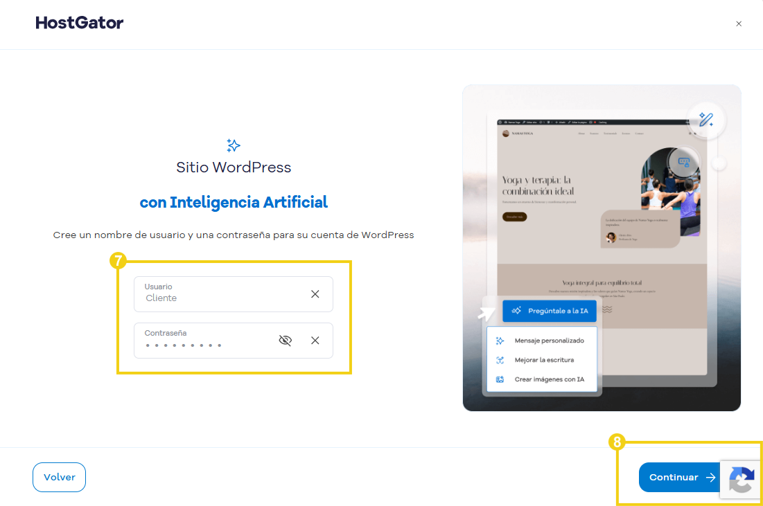Portal del Cliente — pantalla para crear usuario y contraseña de acceso a WordPress