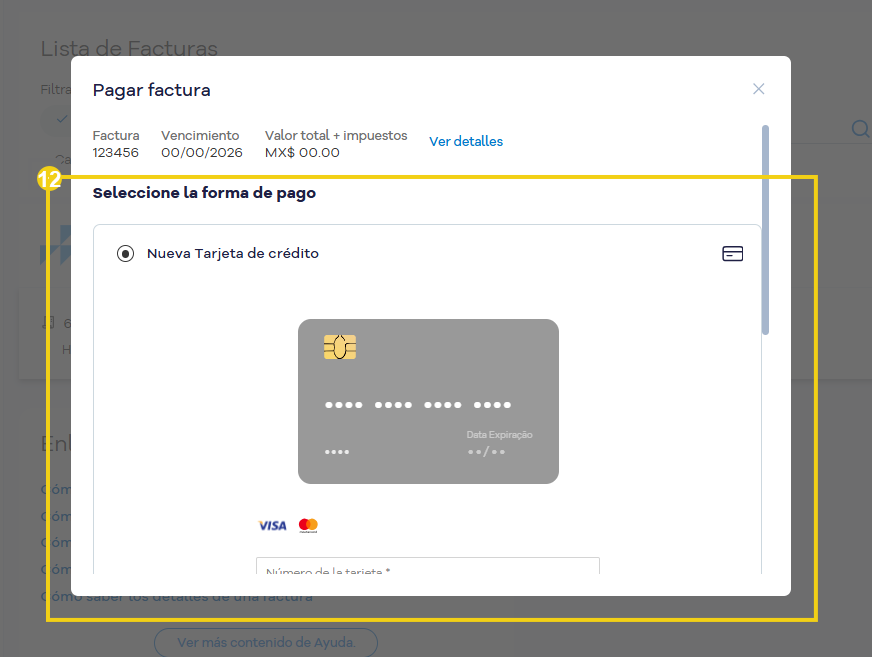 La imagen muestra la pantalla de la factura para elegir la forma de pago
