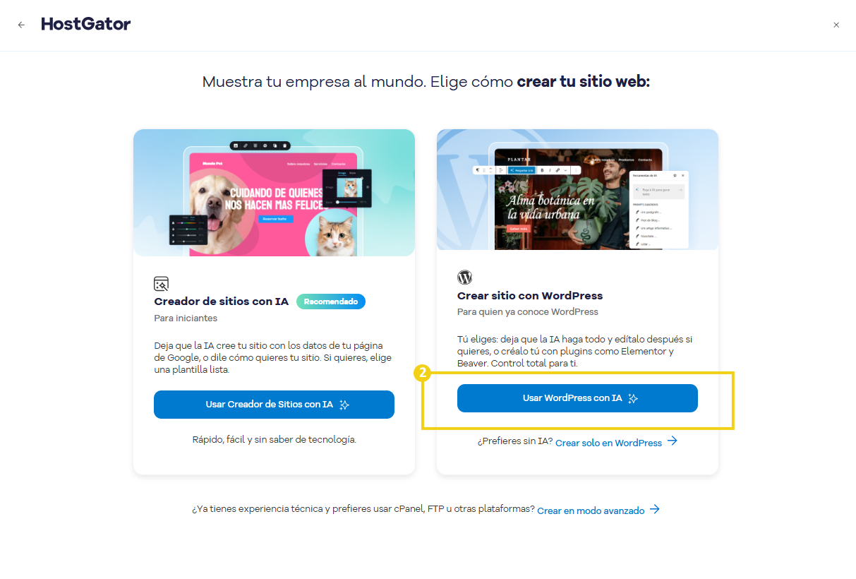 Portal del Cliente — pantalla de selección de plataforma con el botón Usar WordPress con IA marcado