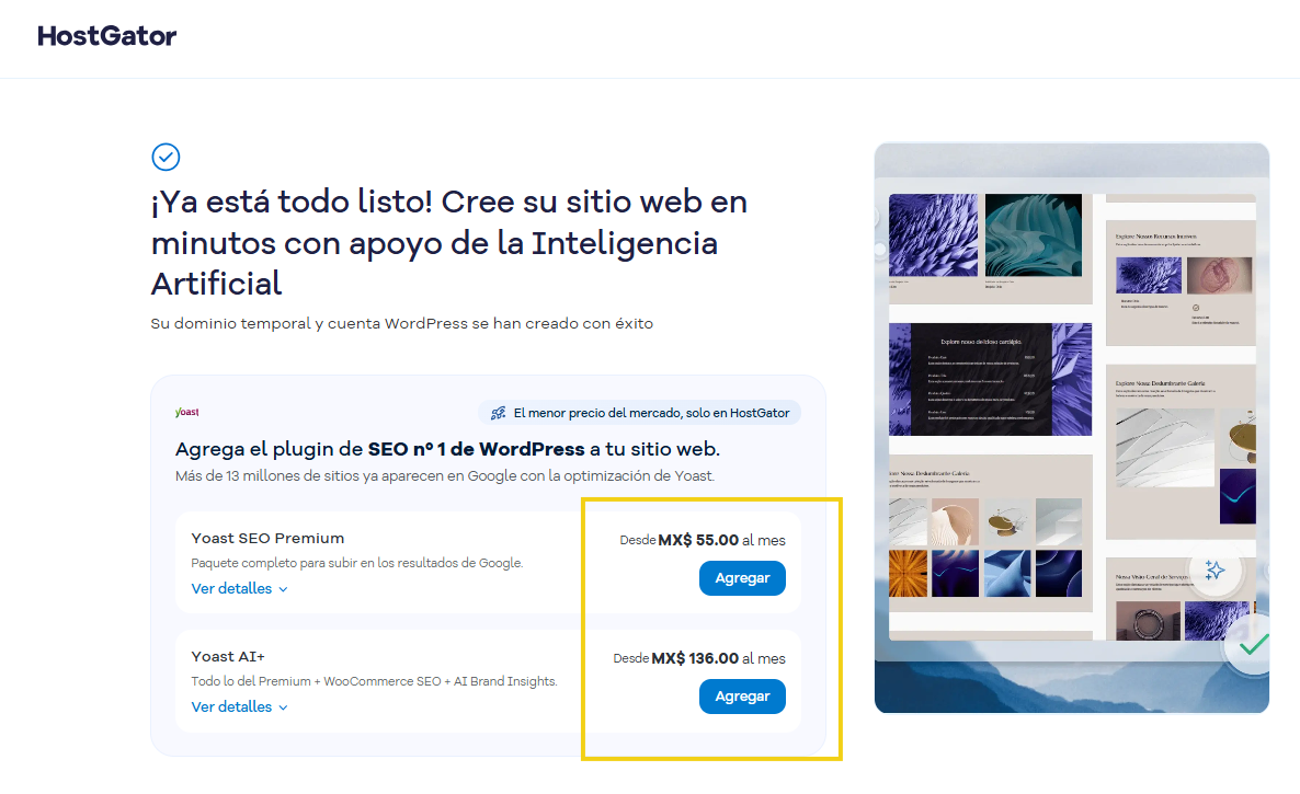 La imagen muestra la marcación en los botones para contratar uno de los paquetes Yoast