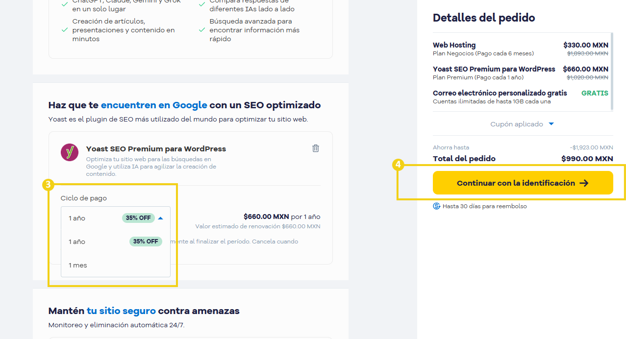 Sitio de HostGator — carrito con el ciclo de pago y el botón Continuar para identificación destacados