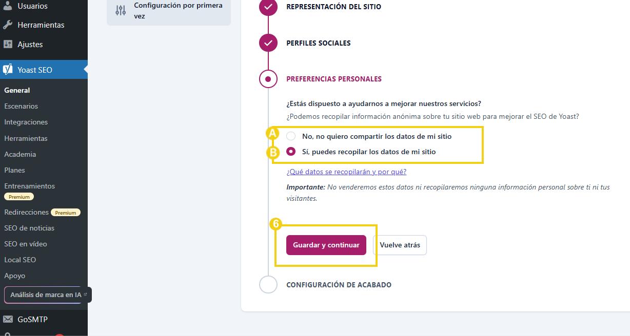 Yoast SEO — sección Preferencias personales con las opciones de recolección de datos anónimos