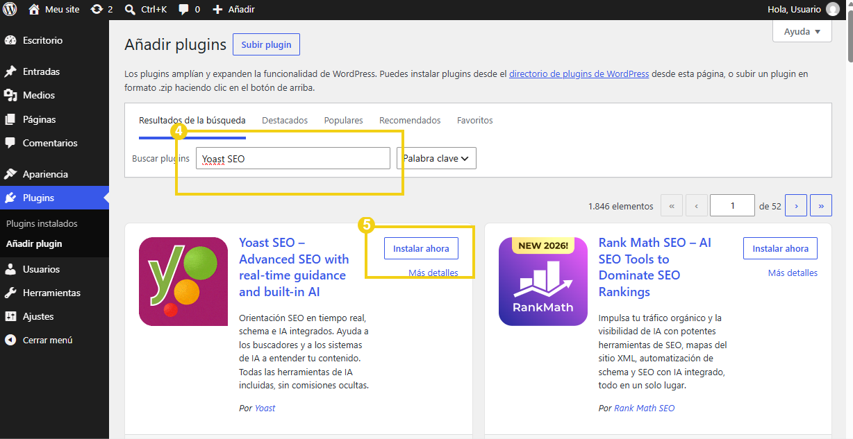 Resultado de la búsqueda de Yoast SEO en WordPress con el botón Instalar ahora