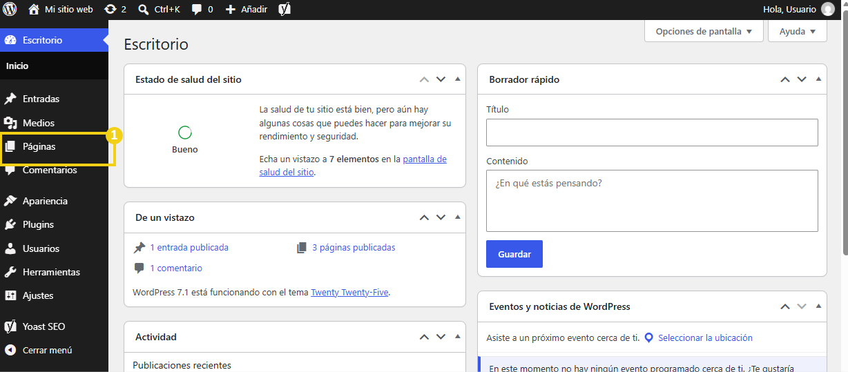 Panel de administración de WordPress con la opción Páginas en destaque