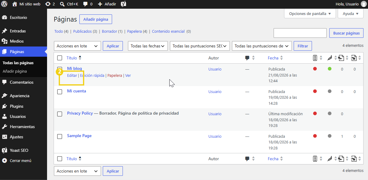 Lista de páginas de WordPress con la opción Editar