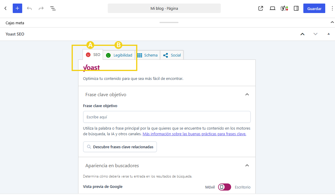 Yoast SEO con las pestañas SEO y Legibilidad disponibles