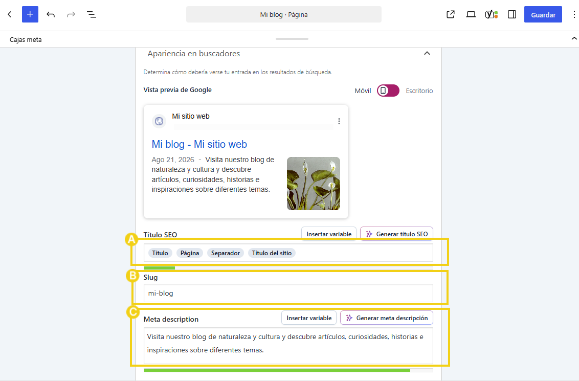 Sección Vista previa de Google de Yoast SEO con campos de título SEO, slug y metadescripción