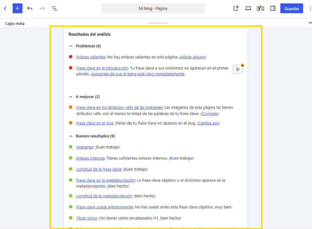 Resultado del Análisis de SEO de Yoast SEO con indicadores de optimización