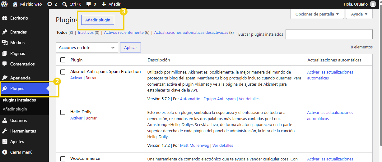 Pantalla de plugins de WordPress con la opción Añadir plugin