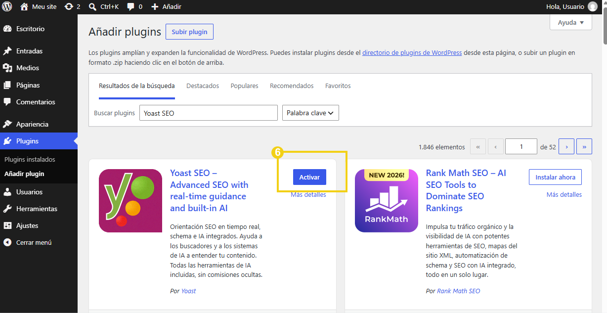 Pantalla de Yoast SEO en WordPress con el botón Activar después de la instalación