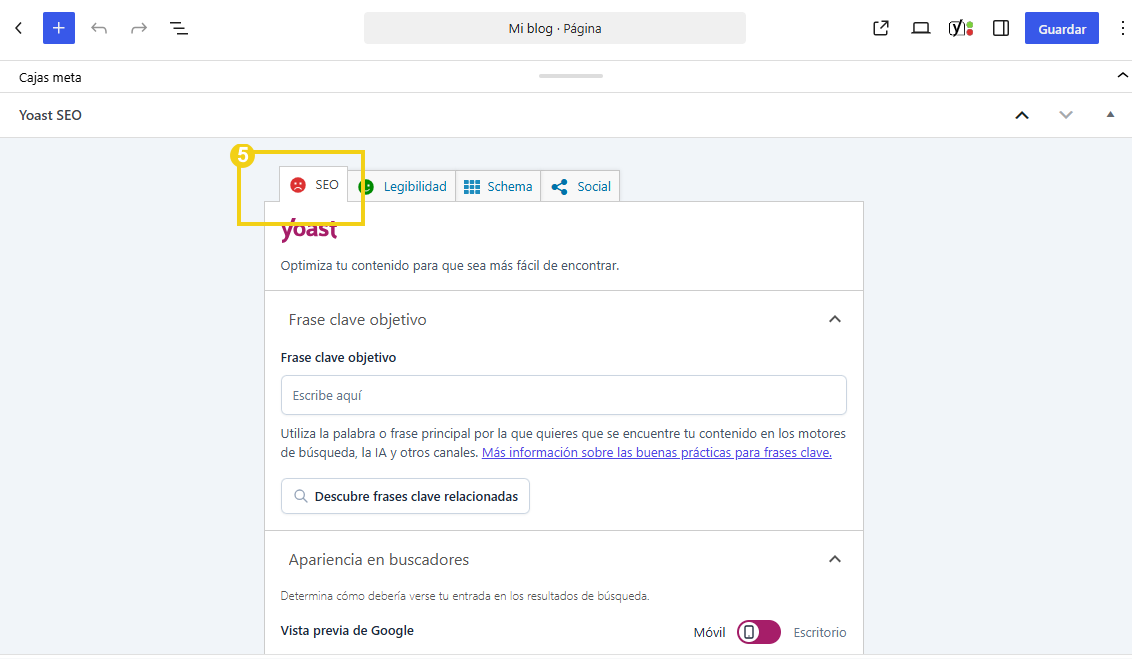 Pestaña SEO de Yoast SEO abierta en la edición de la página