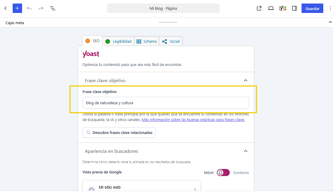 Campo "Frase clave objetivo" de Yoast SEO para definir el término de optimización
