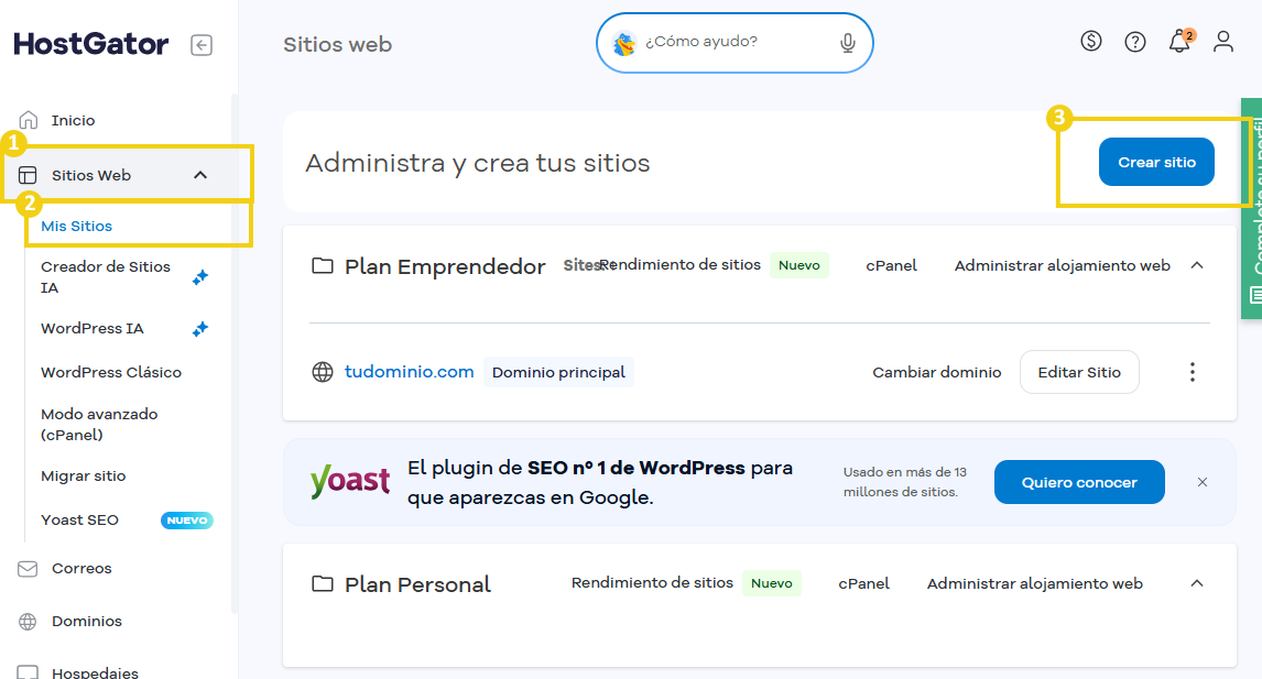 Portal del Cliente — pantalla con el botón "Crear sitio" en destaque