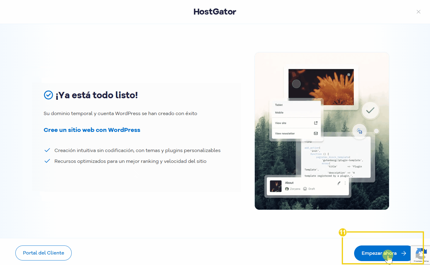 HostGator — panel de finalización con las funciones de creación y optimización de sitios WordPress en destaque