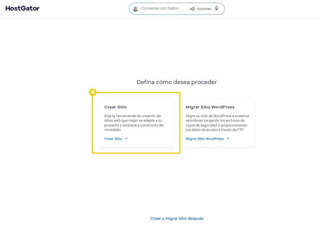 Portal del Cliente — pantalla con las opciones para Crear Sitio o Migrar sitio WordPress