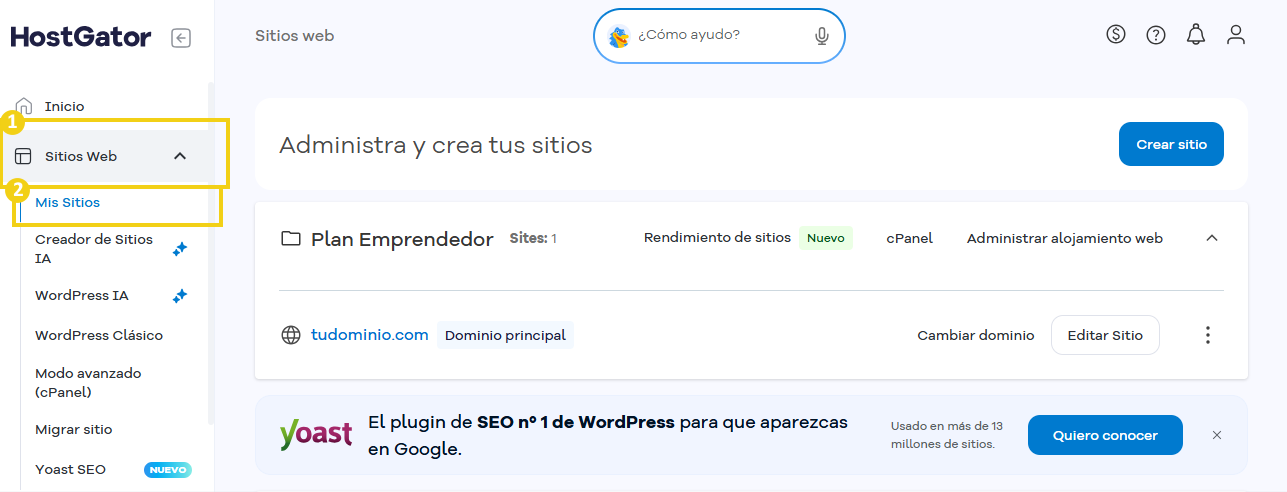 Imagen del Portal del Cliente de HostGator, destacando las opciones “Sitios” y “Mis sitios” del menú lateral